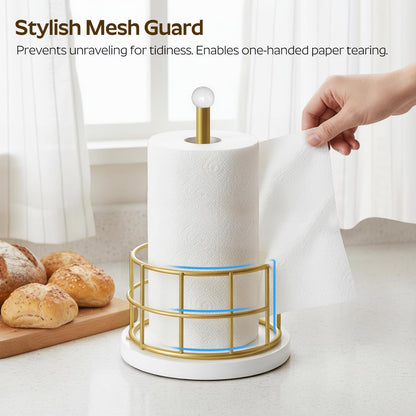 YATINEY Paper Towel Holder, Kitchen Paper Towel Holder for Countertop, Gold Paper Towel Stand with Wooden Base, Freestanding Kitchen Roll Holder, for Standard Size Rolls, Gold CJ05DW