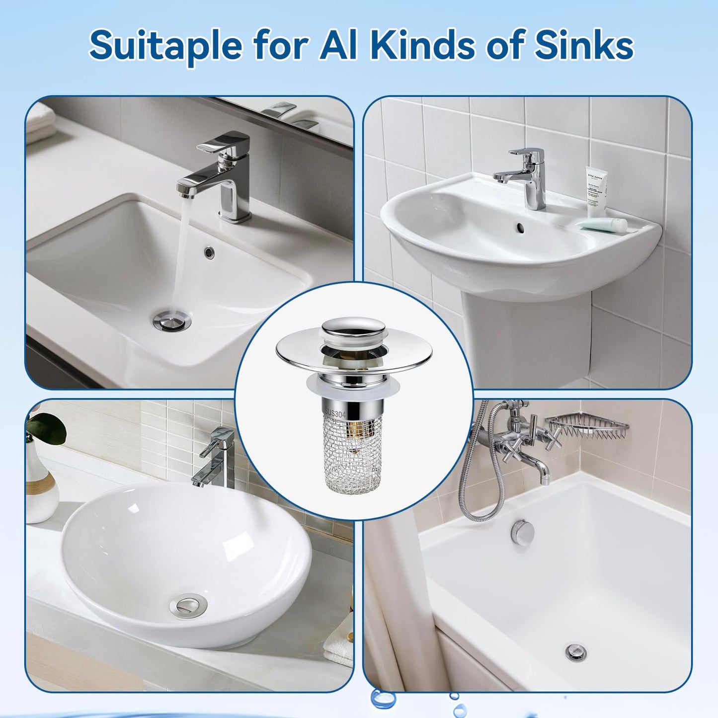 Universal Bathroom Sink Stopper & Hair Catcher, Stainless Steel Drain Filter Strainer, Anti-Clog Pop Up Drain Stopper for US Standard Bathroom Sinks(2PCS)