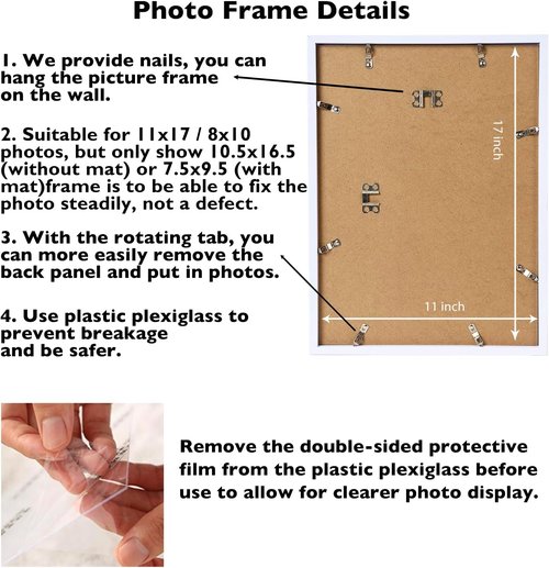 JCJMY 11x17 Picture Frame - White Wall Hanging Frame with Shatter-Resistant Plexiglass | Includes 8x10 Mat