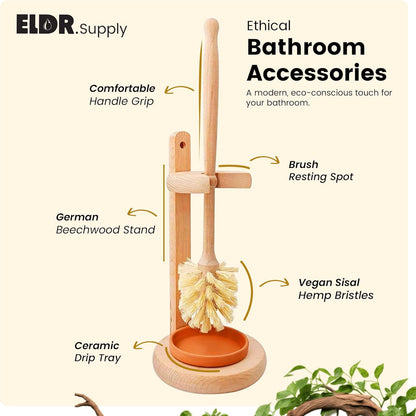 14 Inch ELDR Supply Toilet Bowl Cleaner Brush with Holder, Extra Long German Beechwood Handle, Strong Hemp Bristles
