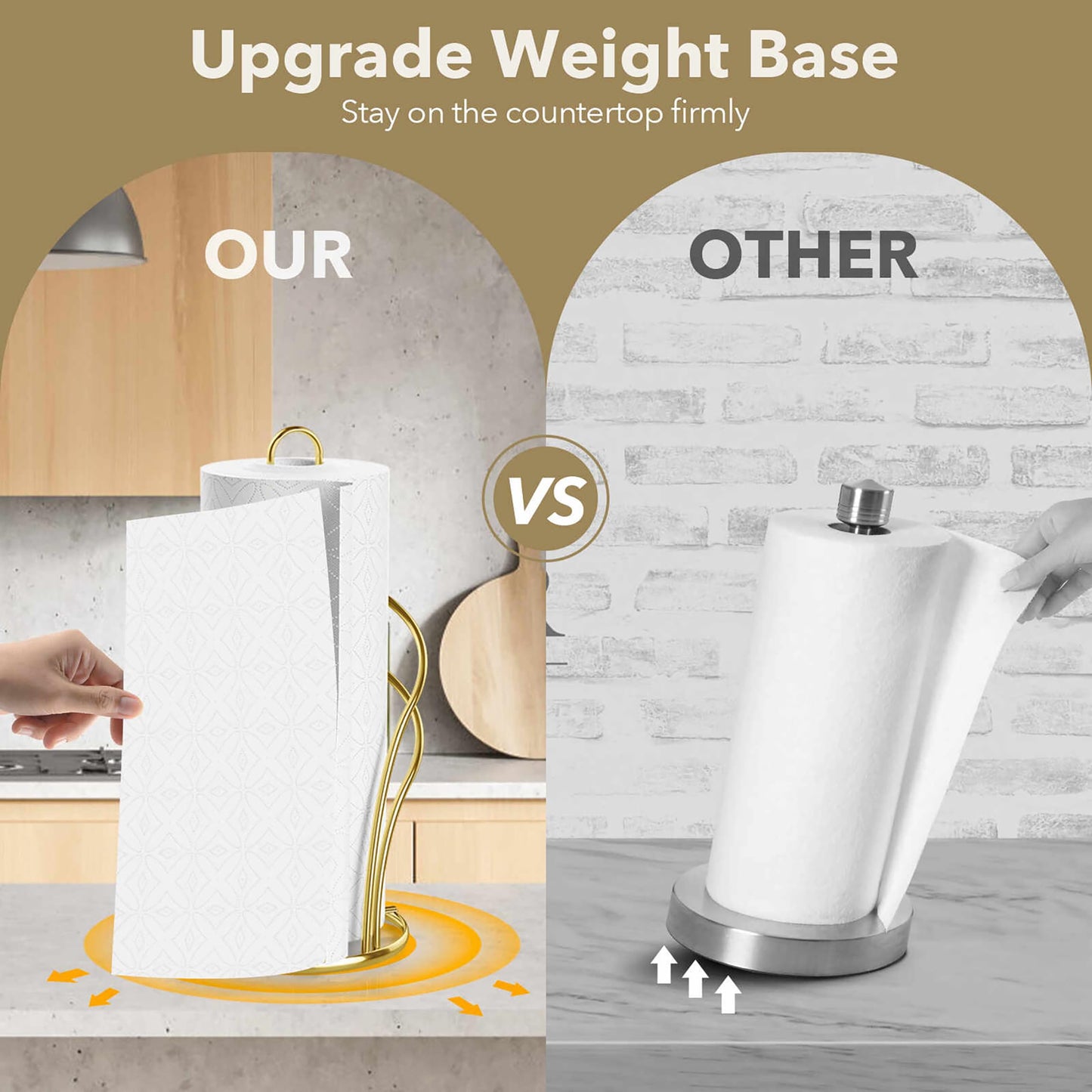 Paper Towel Holder Countertop, Stainless Steel Paper Towel Roll Holder and Paper Napkinholder Set, Standing Paper Towel Roll Holder Stand with Weighted Base Suction Cups (Gold)
