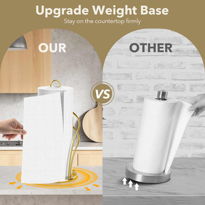 Paper Towel Holder Countertop, Stainless Steel Paper Towel Roll Holder and Paper Napkinholder Set, Standing Paper Towel Roll Holder Stand with Weighted Base Suction Cups (Gold)