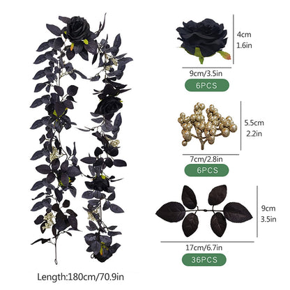 BFYDOAA 180cm Artificial Black Rose Vine Halloween Hanging Rose Flower Garland with Berries for Table Centerpiece,Fireplace Door Frame Backdrop Decor