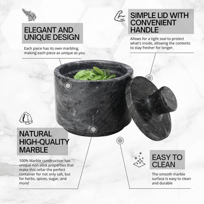 Flexzion Marble Salt Cellar with Lid - Salt and Pepper Bowls Dish Container for Kitchen - Marble Pepper Jar Storage Box Holder for Paprika, Herbs, Sugar, Jewelry & Watches (Set of 2, Black & White)