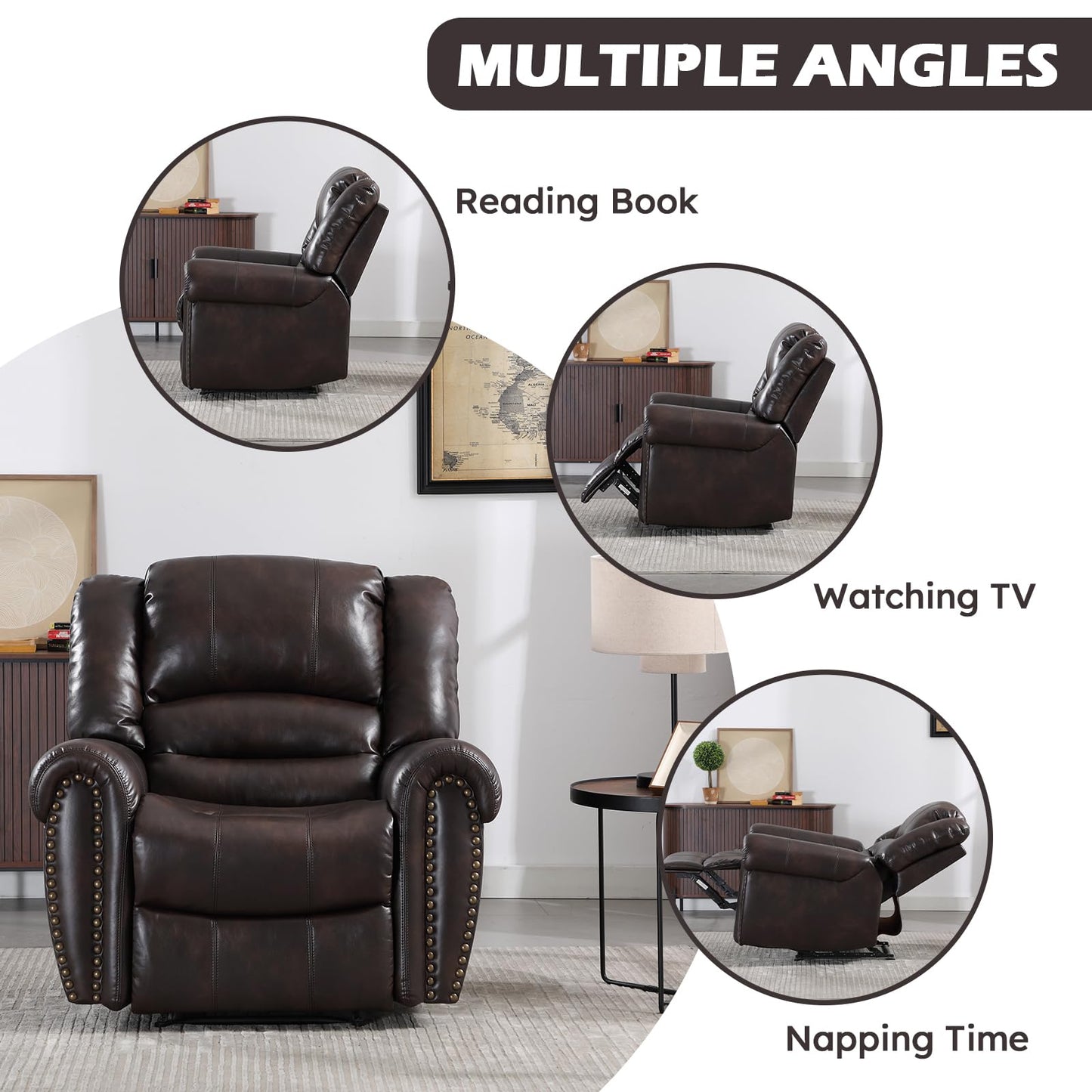 CANMOV Leather Recliner Chair, Classic and Traditional Manual Recliner Chair with Comfortable Arms and Back Single Sofa for Living Room, Dark Brown