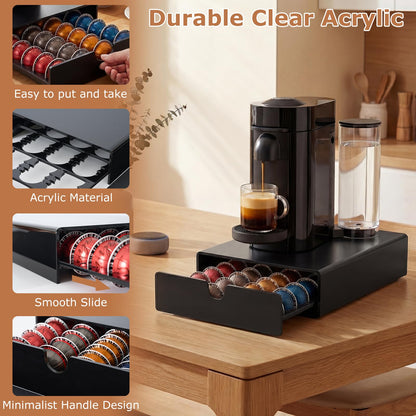 Acrylic Vertuo Pod Holder Drawer for Nespresso Vertuo, Coffee Pod Organizer for 3 Capsule Sizes, Holds 40 Large or Medium Pods / 60 Small Pods, Clear Coffee Pod Storage Drawer,Black