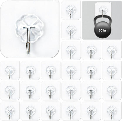 Mlici 24 Pack Clear Self-Adhesive Wall Hooks - 30lbs Heavy-Duty Sticky Hooks for Kitchen Bathroom