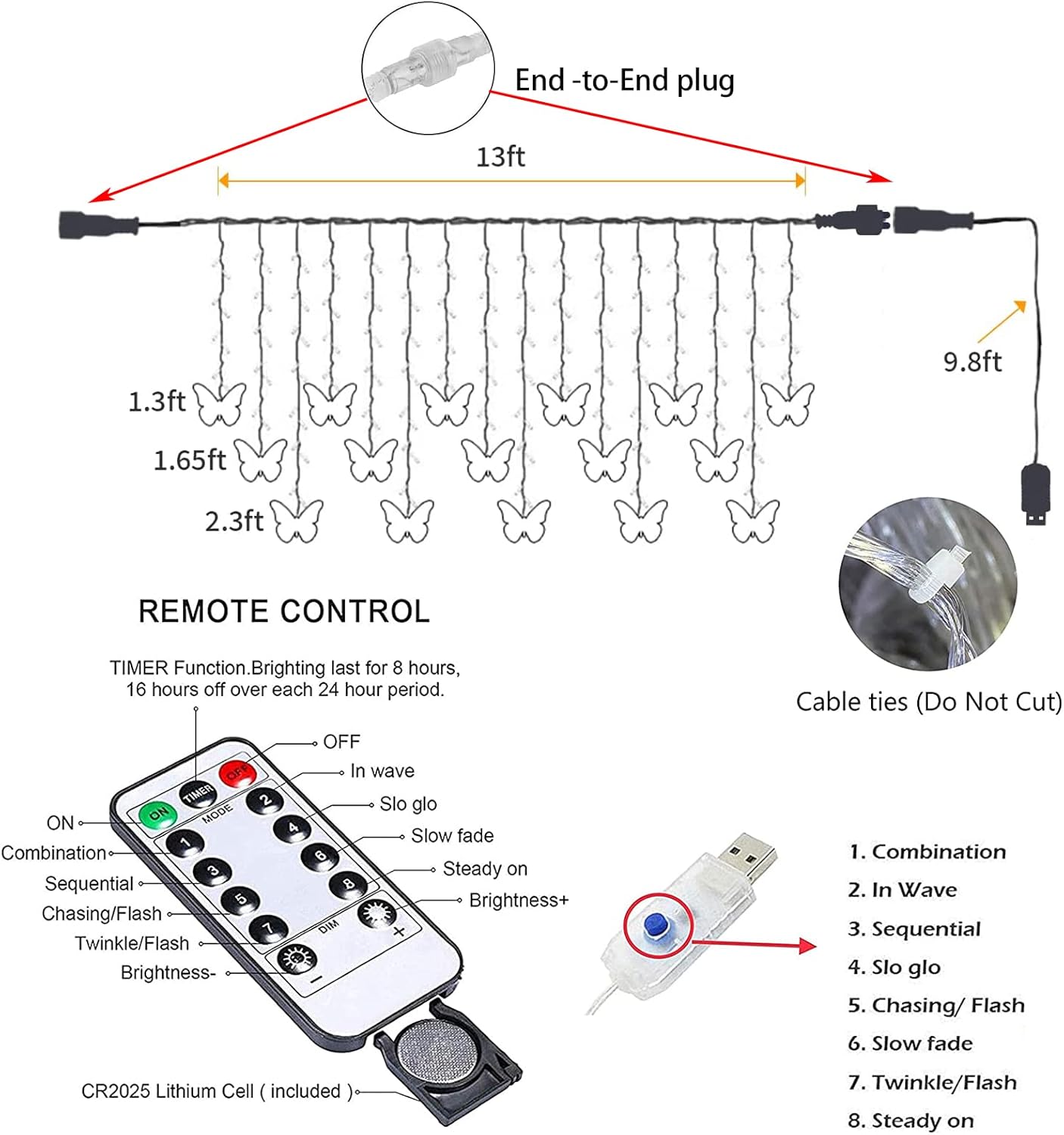 13FT 96 LED USB Powered Curtain Lights, Lainin 16 Butterflies Twinkle Lights 8 Modes Fairy String Lights for Party