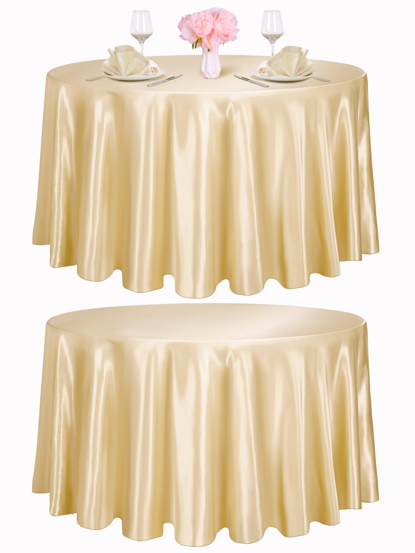 TURSTIN 2 Pieces Round Satin Tablecloth 120 Inches Overlay Table Cover Smooth Fabric Table Decor Bright Silk Tablecloth for Holiday Dinner Wedding Banquet Decoration (Champagne)