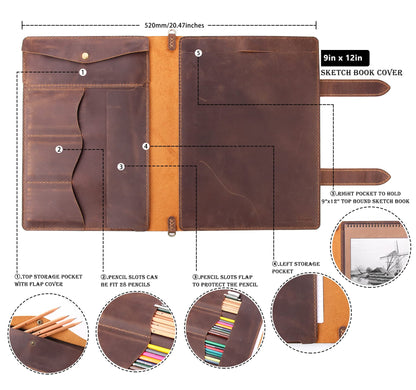 Robrasim Handmade Leather Sketchbook Cover, Artist Sketch Pad Holder for 9"X12" Top Spiral Bound Sketchbook, Drawing Book Pencil Case, Journal Portfolio with Shoulder Strap, Artist Gifts,Brown