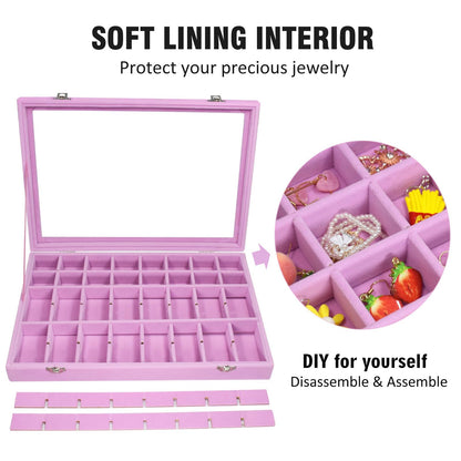 Vicoter Velvet Jewelry Tray 48 Compartments Jewelry Display Organizer with Transparent Cover Rings, Earrings, Necklaces, Pendants Storage Box for Girls, Wives, Mothers, Women