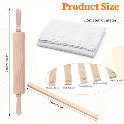mekueeex 12 Pcs Polymer Clay Tools Set with Bamboo Clay Rolling Pin, 5-Size Guide Rails & Linen Mat - Essential Pottery Tools and Supplies for Sculpting, Pottery Wheel & DIY Crafts