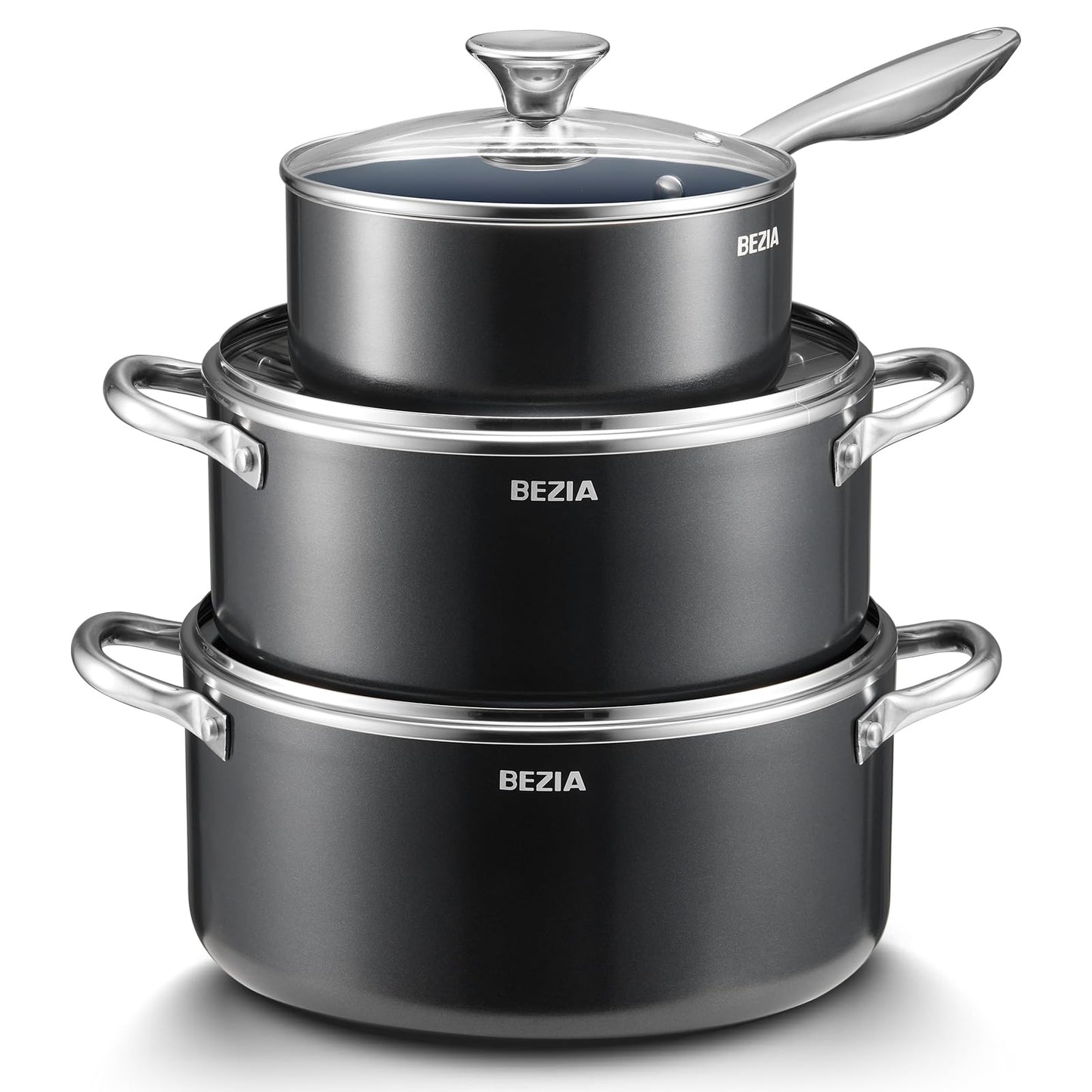 Induction Cookware Set 6-Piece, Stackable Kitchen Cooking Pots Set, 6qt 4.8qt & 2qt Pots with Lids, Dishwasher Safe & Oven Safe, Compatible with All Stoves, Black