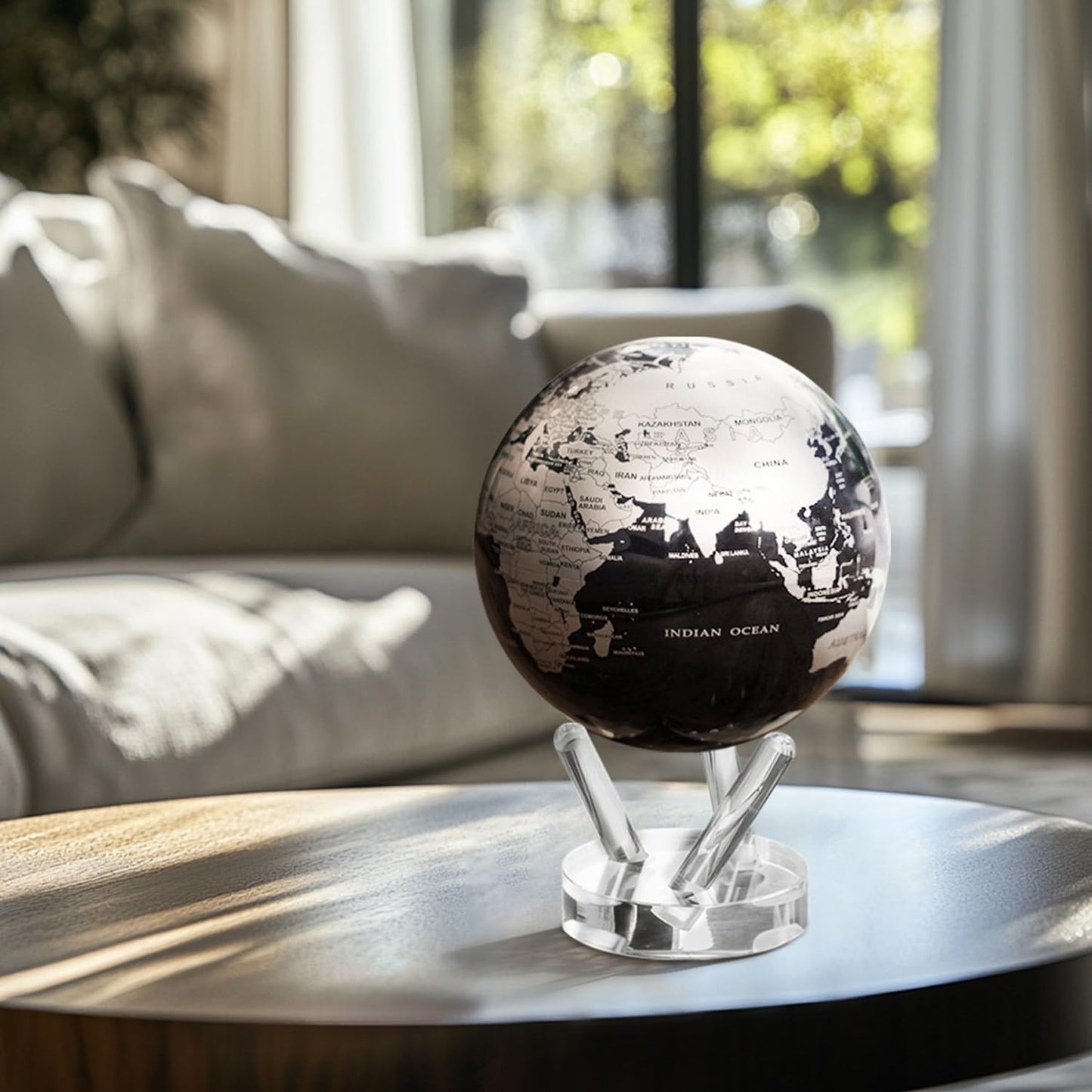 MOVA Globe - Jet Black and Silver Prestige (8.5") | Solar-Powered Rotating Desk Globe with Minimalist Map Design | No Batteries or Cords | Modern Decor Gift