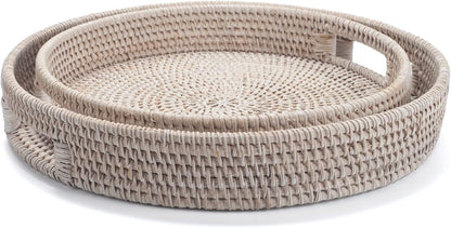13.8 inch Round Rattan Tray, Decorative Coffee Table Tray, Ottoman Tray, Woven Serving Tray with Handles, Wicker