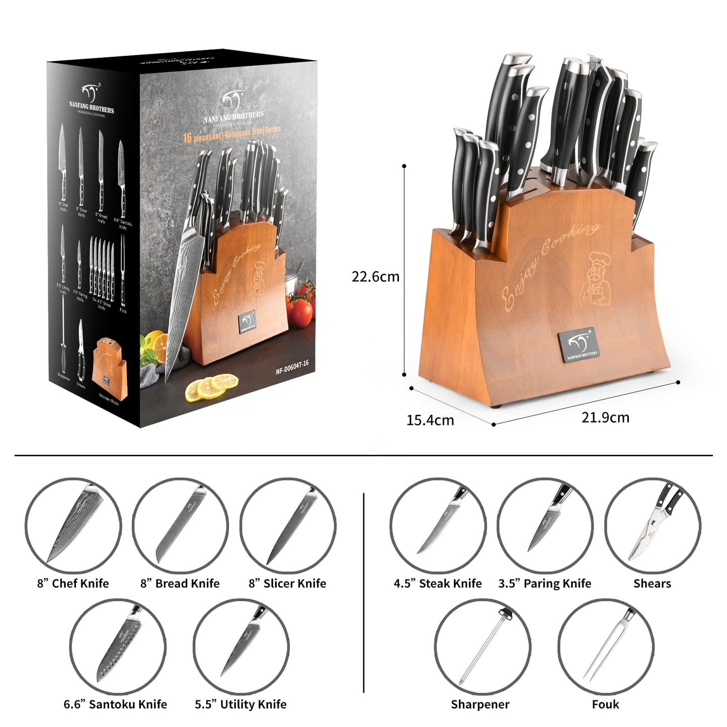 16-Piece Damascus Knife Set with Block, VG10 67-Layer Damascus Steel Kitchen Knife Set with Triple-Rivet Handles, 6 Steak Knives, Meat Fork, Sharpener & Scissors, Natural Wood