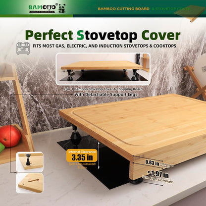BAMOTTO CRAFTBAMBOO 24 x 18 Inch Large Bamboo Cutting Board and Stovetop Cover, Over-the-Sink Board with Detachable Support Legs & Secure Front Lip, Carving and Pasta Board