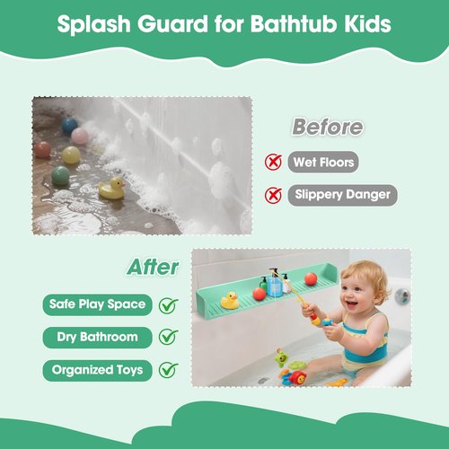 Longer Splash Guard for Bathtub Kids, 2.6 Ft Silicone Bathtub Splash Guard for Tub Kids with 11 Strong Suction Cups, Play Shelf & Toy Holder Tray to Prevent Mess and Water Overflow from the Tub
