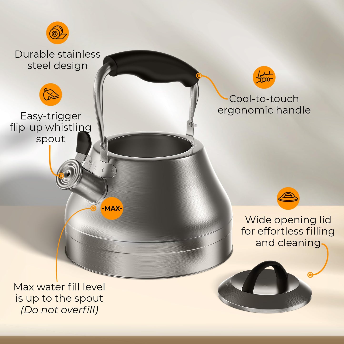 Stovetop Whistling Tea Kettle – 2.4 QT Stainless Steel Teapot with Ergonomic Handle, Fast Heating for Gas, Electric & Induction Stoves – Satin Finish, Silver
