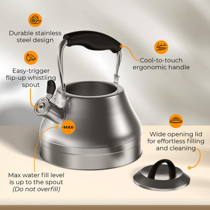 Stovetop Whistling Tea Kettle – 2.4 QT Stainless Steel Teapot with Ergonomic Handle, Fast Heating for Gas, Electric & Induction Stoves – Satin Finish, Silver