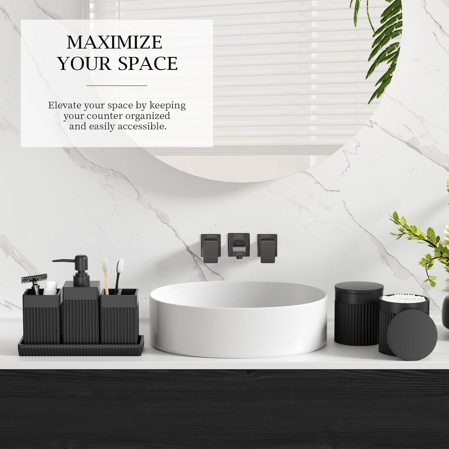 InnJoey 6-Piece Black Bathroom Set - Sleek Resin Organizer with Soap Dispenser, Toothbrush Holder, Vanity Tray, Tumbler & Apothecary Jars for Small Spaces