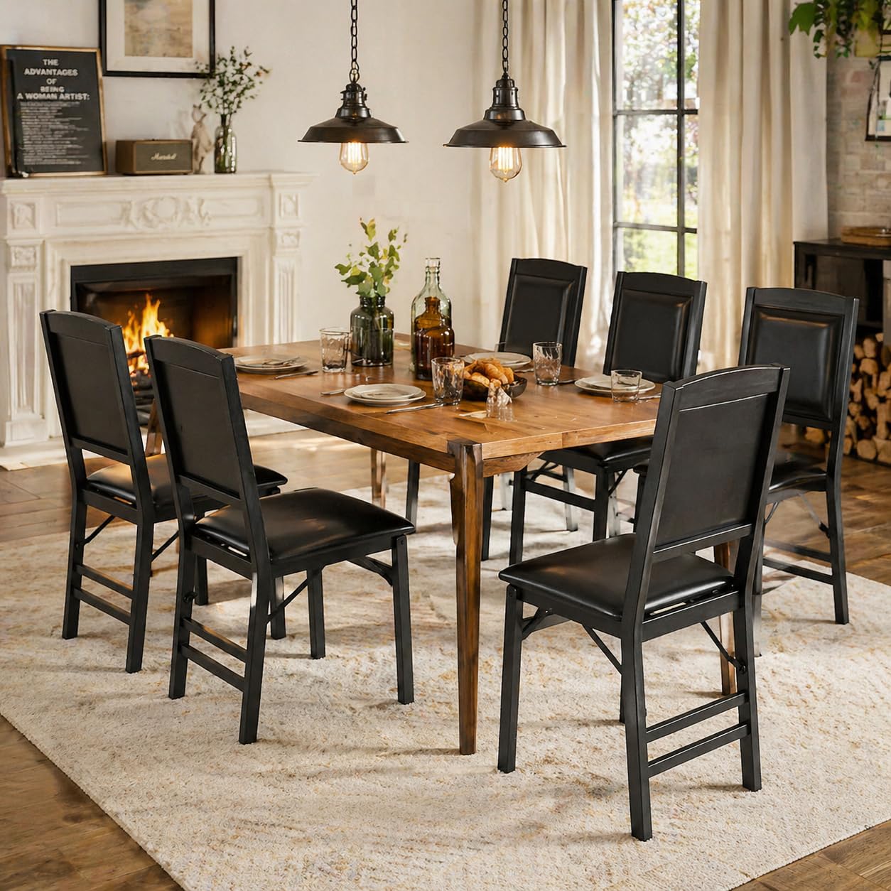 POWERSTONE Folding Chairs Set of 4 with Padded Seat, Foldable Kitchen Dining Chair with Solid Wood Frame, No Assembly Space Saving Design for Home Living Room Small Space (4, Black)