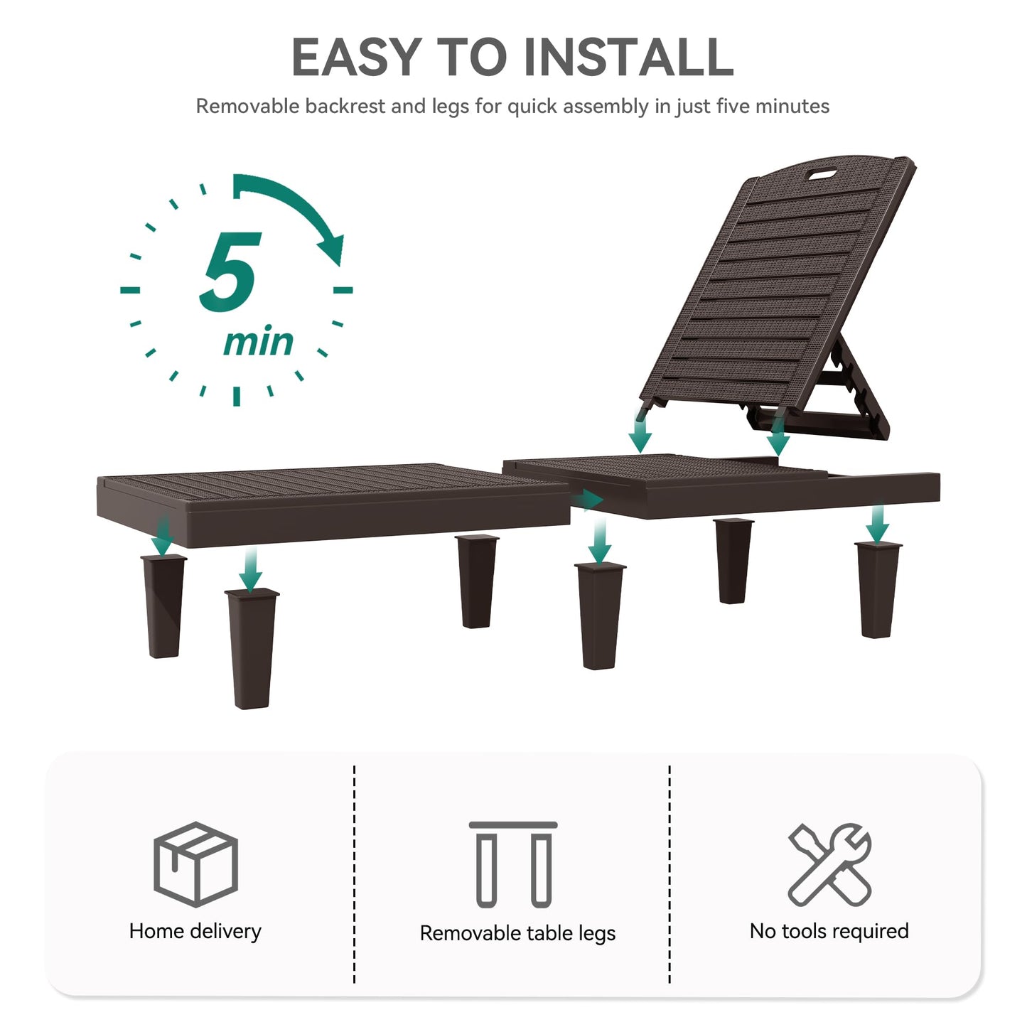 YITAHOME Outdoor Chaise Lounge Chair, Plastic Pool Chaise Lounge with 5-Position Backrest, Easy Assembly & Waterproof for Patio & Poolside, Set of 4, Brown