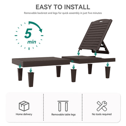 YITAHOME Outdoor Chaise Lounge Chair, Plastic Pool Chaise Lounge with 5-Position Backrest, Easy Assembly & Waterproof for Patio & Poolside, Set of 4, Brown