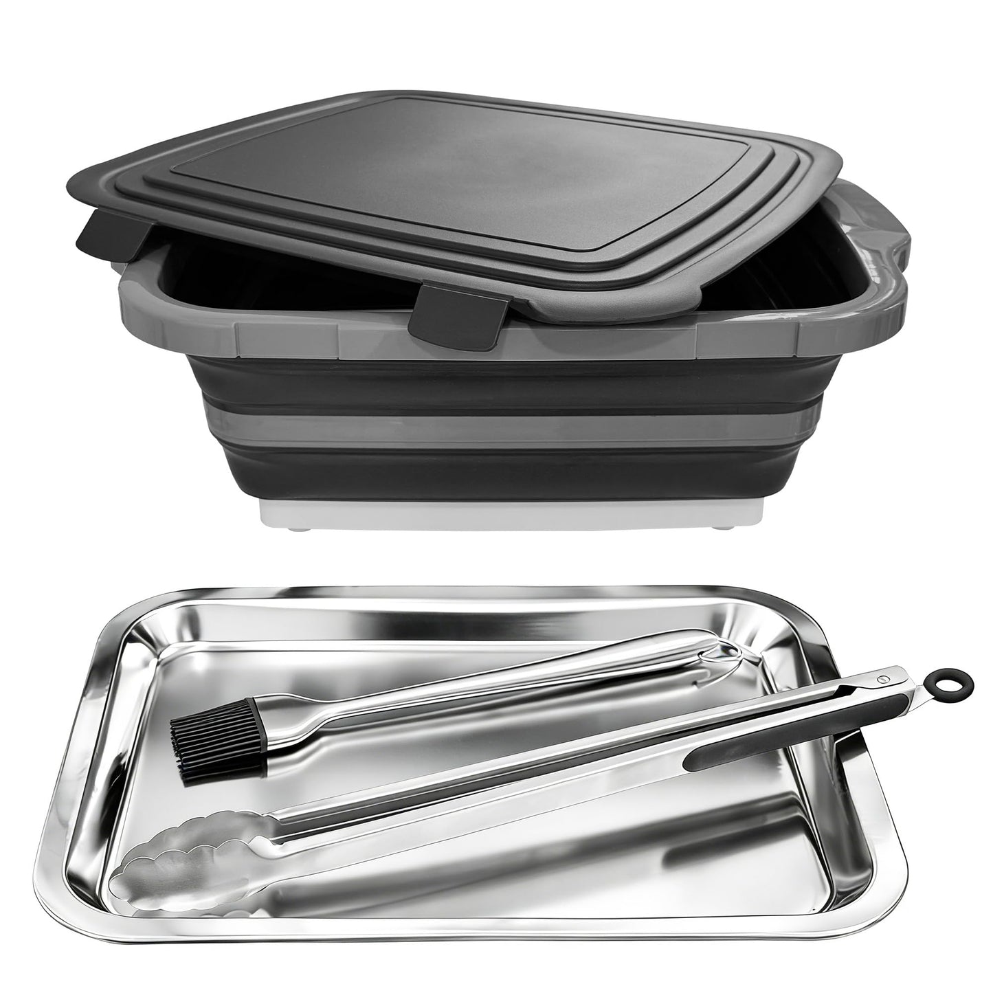 Collapsible BBQ Prep Tub with Lid, 4-Piece 16L Foldable Meal Prep & Marinating Container Set with Stainless Steel Tray, Tongs & Brush, Prep Surface for Food Cutting, Kitchen, Camping & Outdoor Cooking