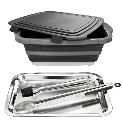 Collapsible BBQ Prep Tub with Lid, 4-Piece 16L Foldable Meal Prep & Marinating Container Set with Stainless Steel Tray, Tongs & Brush, Prep Surface for Food Cutting, Kitchen, Camping & Outdoor Cooking
