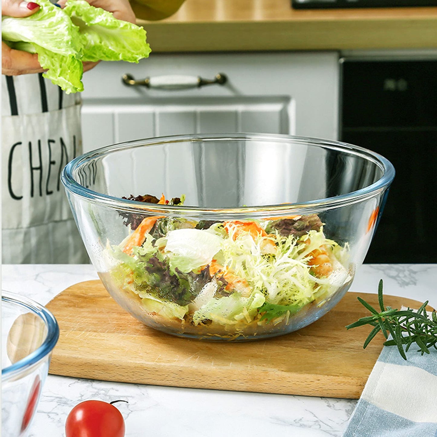 Homwin Glass Mixing Bowl Set of 3 for Kitchen, Baking, Prepping, Serving, Cooking 1.1QT, 2.5QT, 4.2QT Large Salad Bowl Set, High Brosilicate Bowl Set, Stackable, Non-toxic, Microwavable, Great Gift