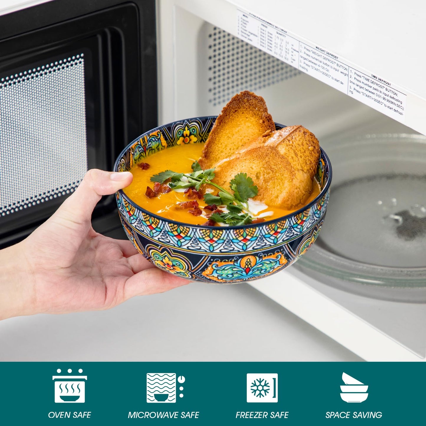 vancasso Cereal Bowls Set of 6, Porcelain Bowls for Eating, 28 oz Colorful Soup Bowls, Bohemian Ceramic Bowls for Salad, Fruit, Pasta, Microwave & Dishwasher Safe Bowls Set