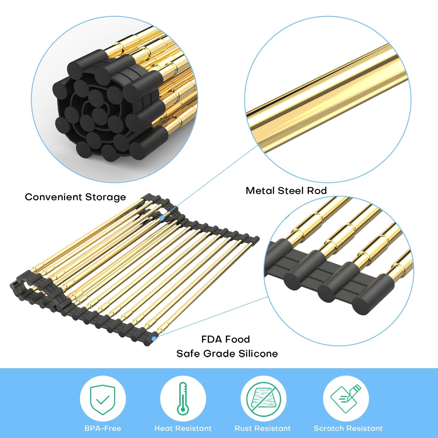 AXIMIXAME Expandable Large Draining Rack, Roll Up Heat-Resistant Dish Drainer for Stainless Steel Sinks, Collapsible Over The Sink Rack Non-Slip Silicone Rolling Up Rack Gold 18 Tube