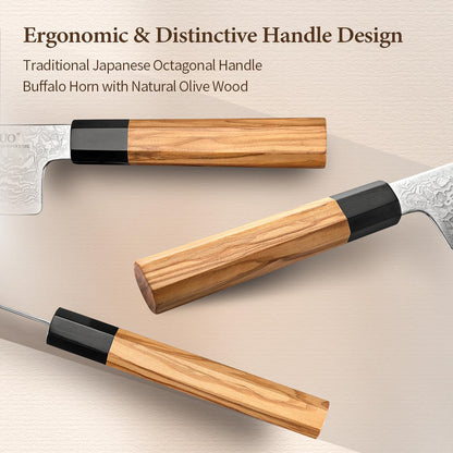 XINZUO Knife Block Set,Hand Forged 67 Layers Damascus Steel,7 Pieces Professional Chef Knife Set with Block&Kitchen Shear&Block, Razor Sharp, Olive Wood Octagonal Handle,Exquisite Box Package