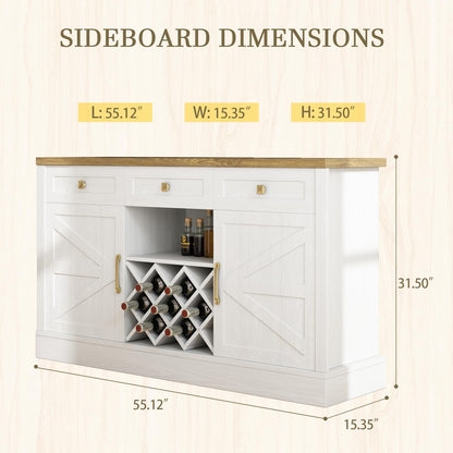 JGOEI 55.12" Kitchen Cabinet Storage, Farmhouse Coffee Bar with Power Outlet, Wood Cabinet with 3 Drawer, Removable Wine Rack for Dining Room, Kitchen, Living Room, White