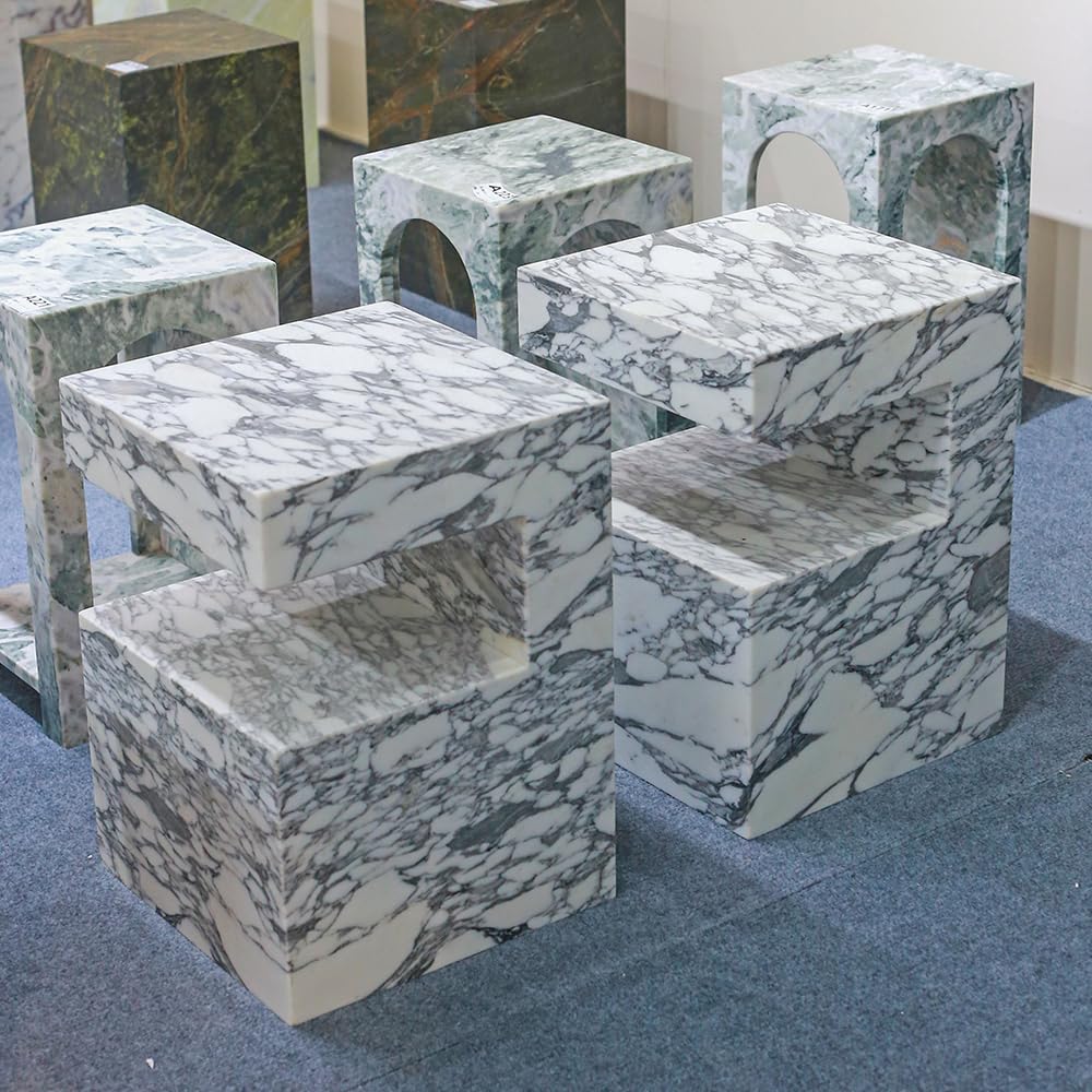 Natural Marble C-Shaped End Table, Luxurious Handmade Coffee Table Suitable for for Living Room Bedroom Bathroom Small Spaces, No Installation Marble Sofa Table for Modern Home Decor