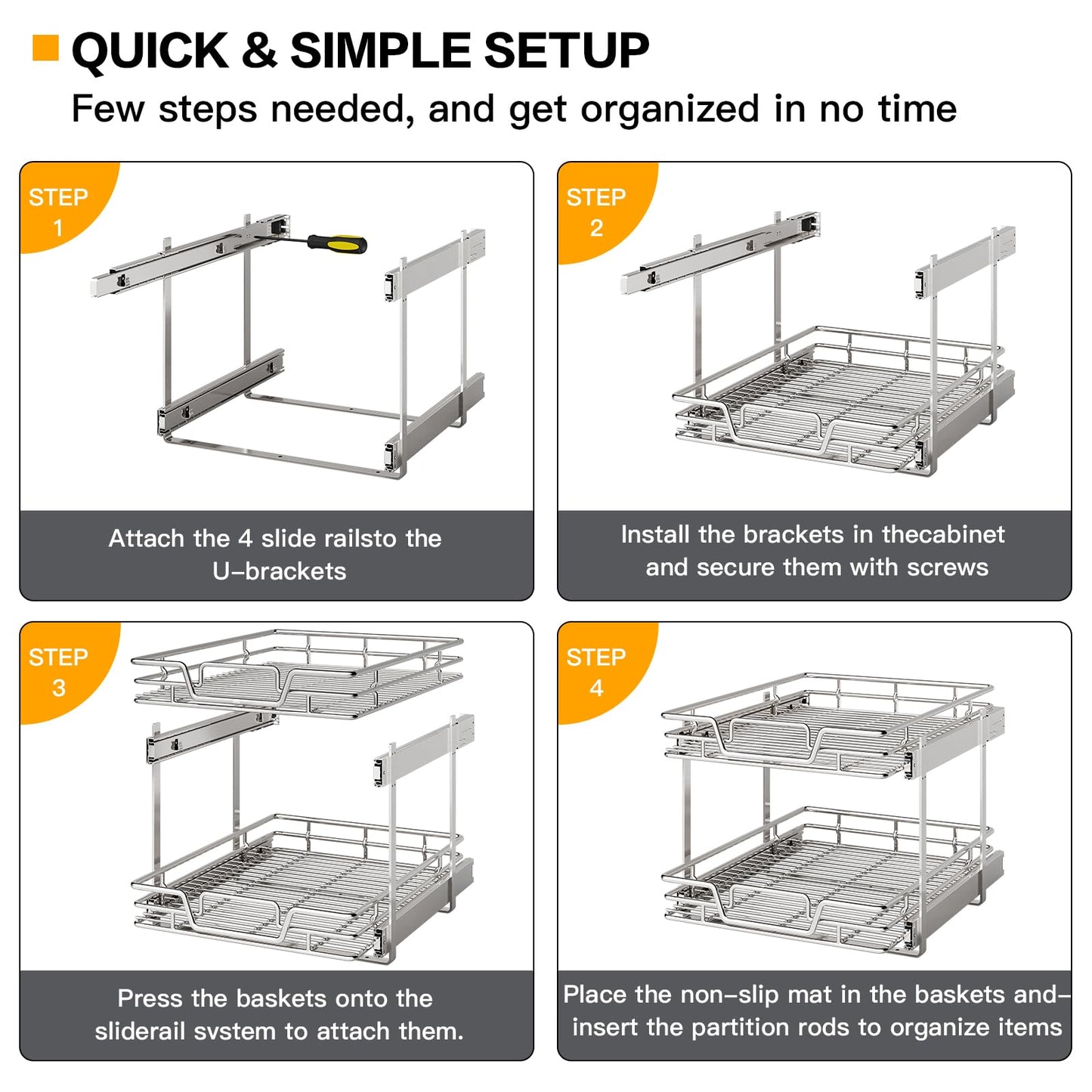 QUYUWU 2-Tier Kitchen Cabinet,Pull Out Cabinet Organizer,Shelf and Drawer Organizer Slide Out Pantry Storaqe Basket in Multiple Sizes (12" W x21 D)