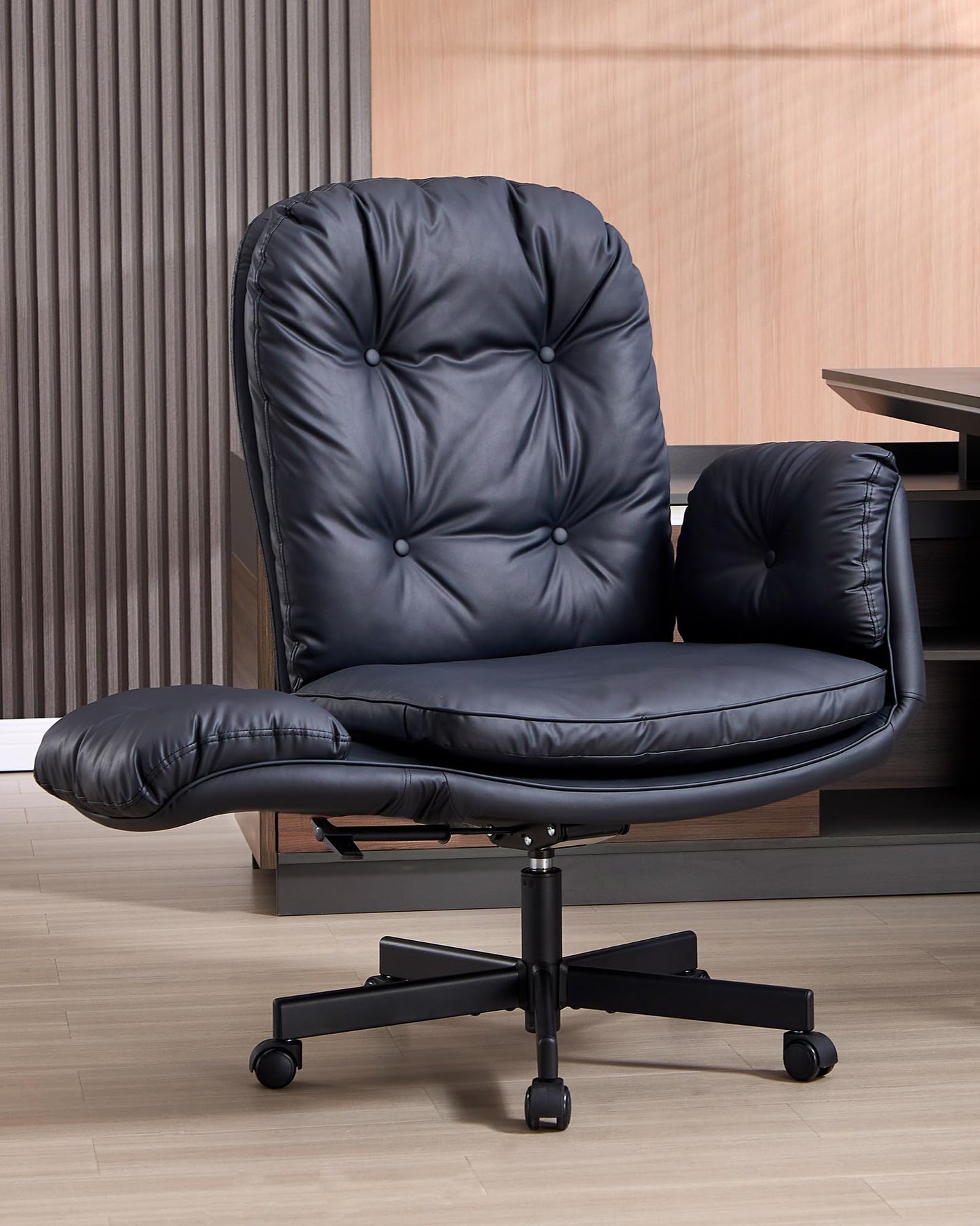 LukkDys Executive Office Chair, Big & Tall 400 lbs Capacity, Wide Seat, PU Leather, 5-Gear Lay-Flat Armrests (90°–180°) for Cross-Legged Comfort, 90–115° Recline, High Back Desk Chair, Black
