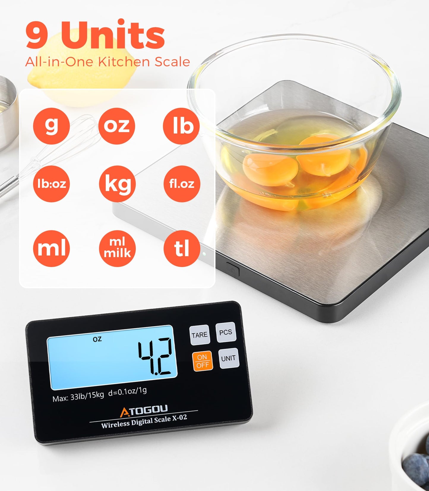 Atogou Upgraded Wireless Food Scale, 33lb/15kg Kitchen Scale with Detachable Display & Larger Platform, 0.1oz/1g, 9 Units, Counting Function, Stainless Steel, for Cooking, Baking, Shipping, Silver