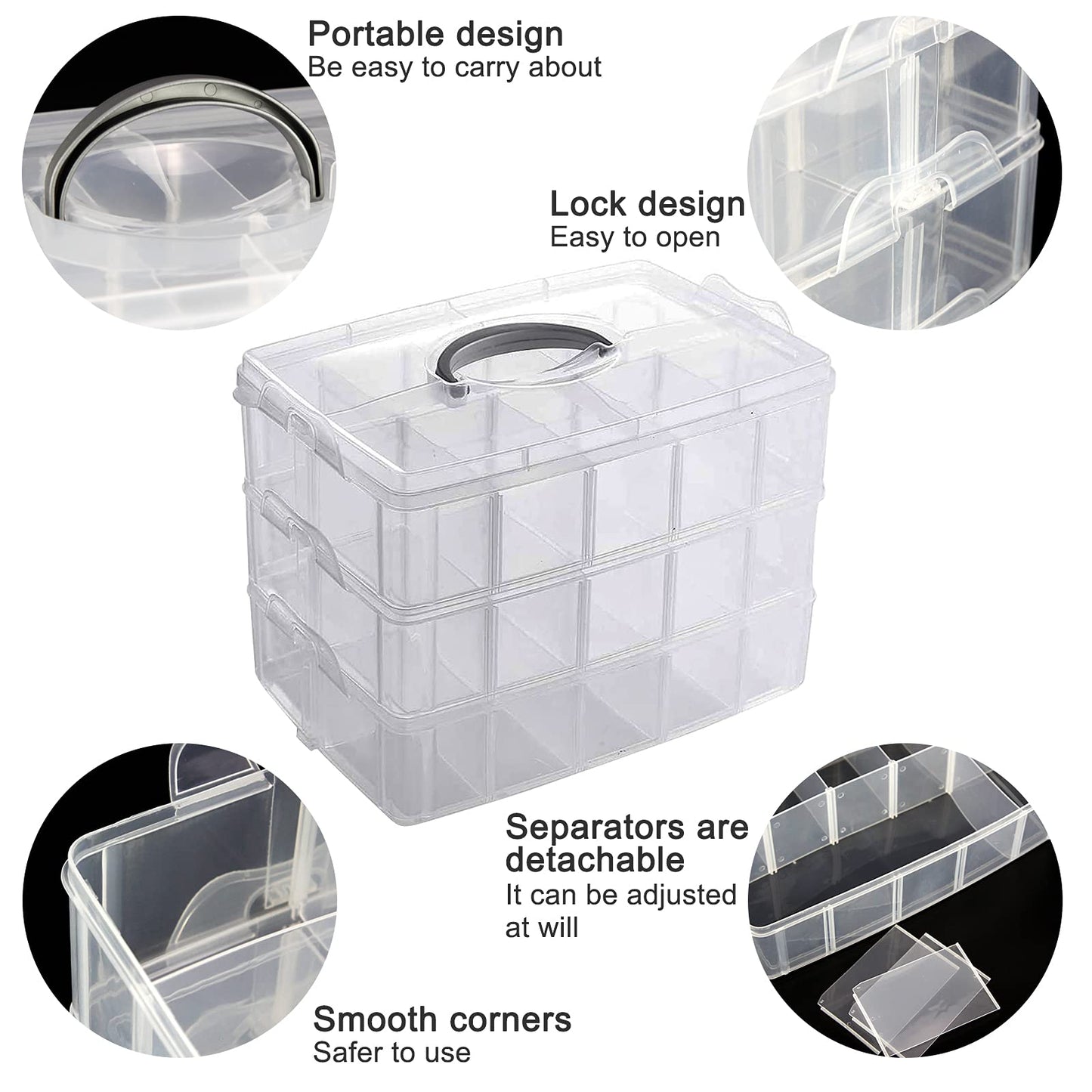 Guyuyii 3-Tier Stackable Bead Organizer with Adjustable Compartments and Carry Handle - BPA-Free Craft Storage Case with Lid for Sewing Supplies, Jewelry, Washi Tape, Embroidery Floss, Lego Pieces