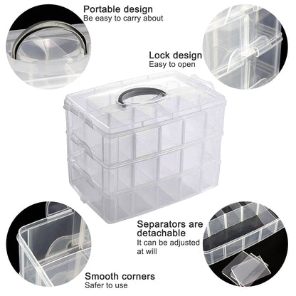 Guyuyii 3-Tier Stackable Bead Organizer with Adjustable Compartments and Carry Handle - BPA-Free Craft Storage Case with Lid for Sewing Supplies, Jewelry, Washi Tape, Embroidery Floss, Lego Pieces