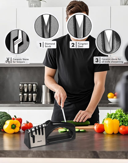 4-In-1 Manual Knife Sharpener for Kitchen Knives & Scissors, Professional Pull-Through Knife Sharpener with Tungsten Steel & Ceramic Slots, Non-Slip Base, Easy to Use for Chef Knives & Serrated Blades