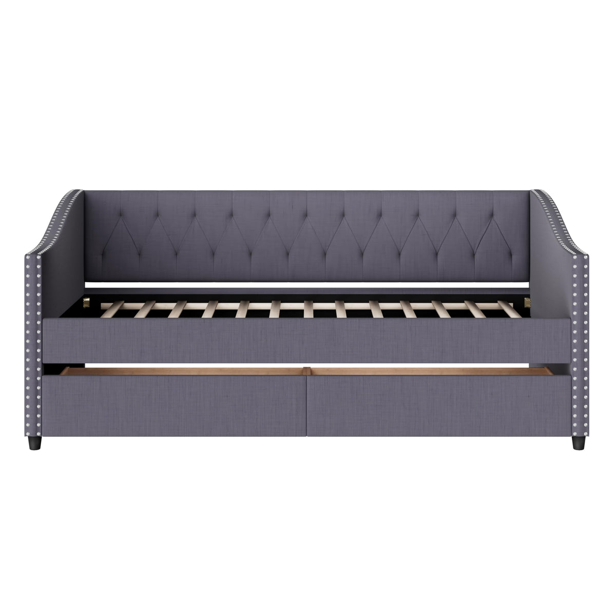 Christopher Knight Home Twin XL Daybed Frame with Two Drawers, Linen Fabric Upholstered Sofa Couch, 85’‘ Living Room Sleeper Sofa, Cozy Daybed for Bedroom, Diamond-Tufted Design, Rivet Armrests, Gray