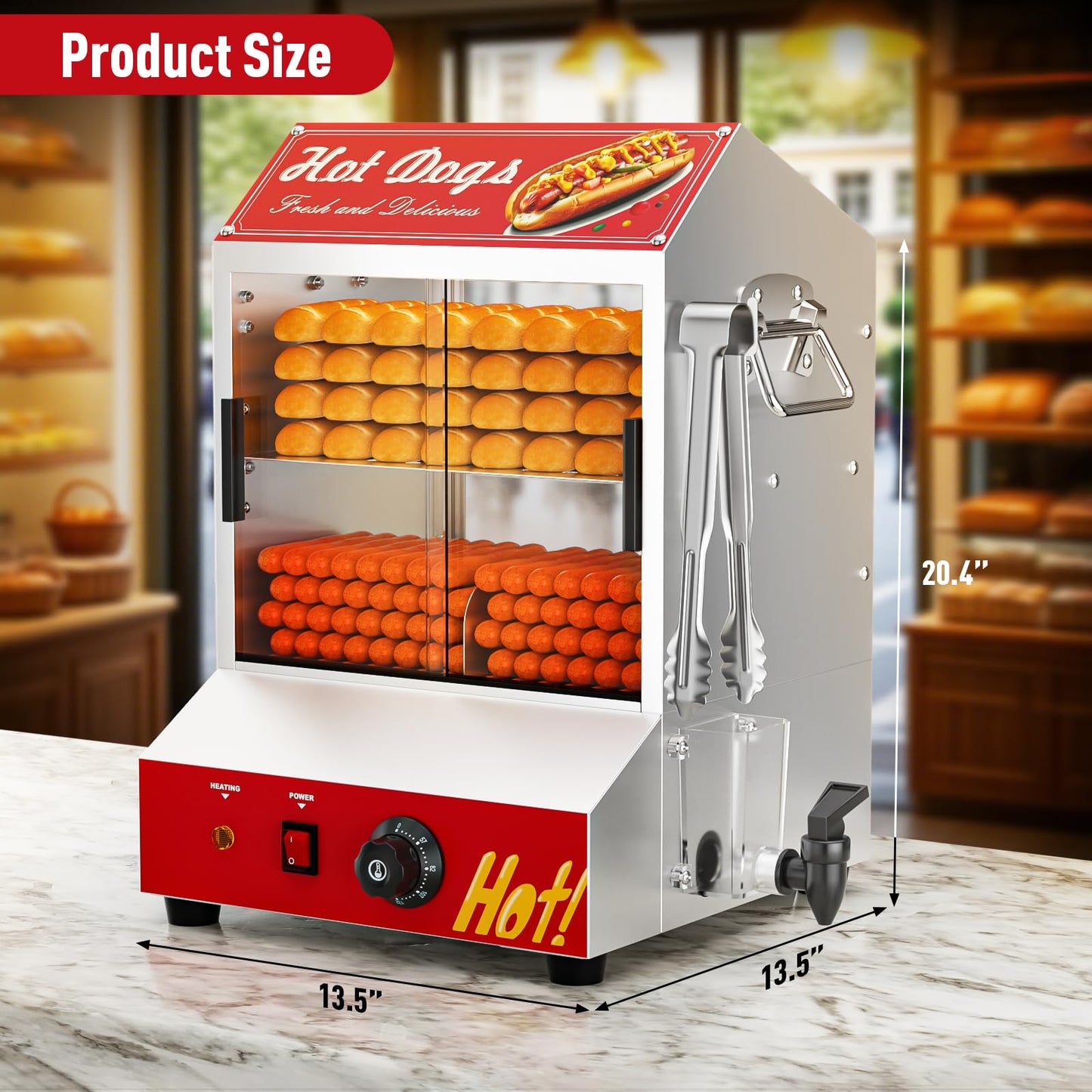Hot Dog Steamer Machine, 28.5QT/27L, 2-Tier Electric Hot Dog Steamer with Bun Warmer, Adjustable Temperature, Hot Dog Hut Steamer with Visible Glass Sliding Door
