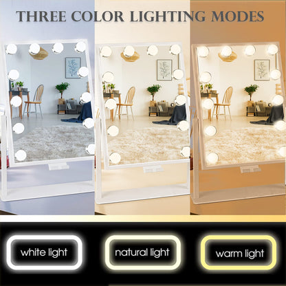 Lighted Makeup Mirror Hollywood Mirror Vanity Mirror with Lights, Touch Control Design 3 Colors Dimable LED Bulbs, Detachable 10X Magnification, 360°Rotation, (White) 12" L x 14" W