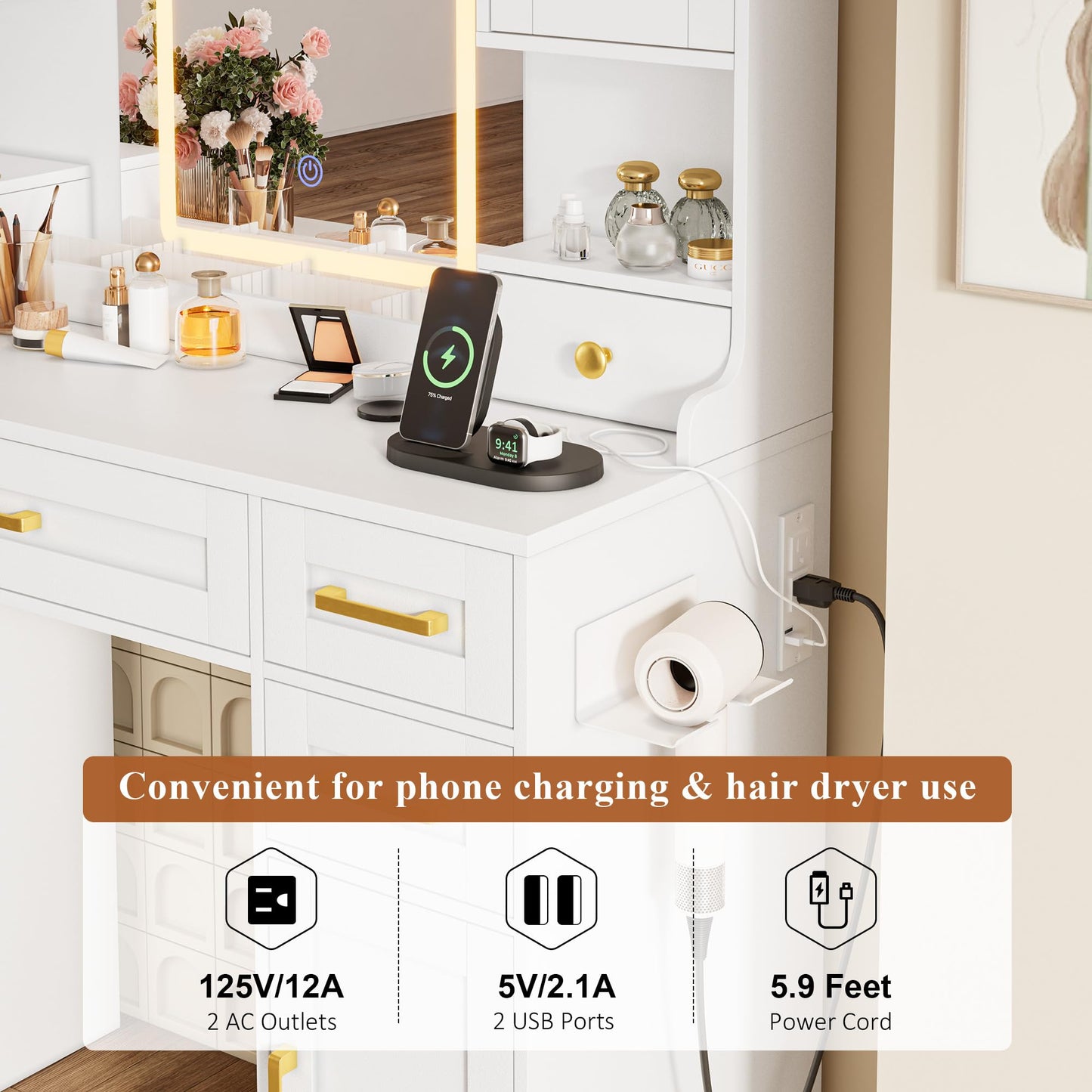 NUNU LAB Large White Vanity Desk with Mirror and Lights with 5 Drawers, Women Makeup Table with Power Outlet, 3-Color Adjustable Lighting for Bedroom Brown