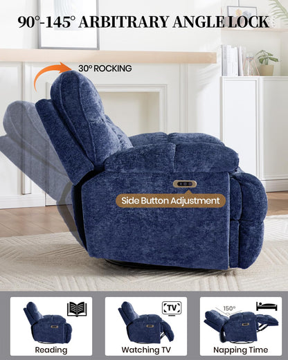 GARTMILAN Oversized Power Swivel Rocker Recliner Chair for Big and Tall, Electric Chenille Glider with USB Ports, Extra Wide Overstuffed Reclining Sofa for Living Room Nursery, 375lbs (Blue, Power)
