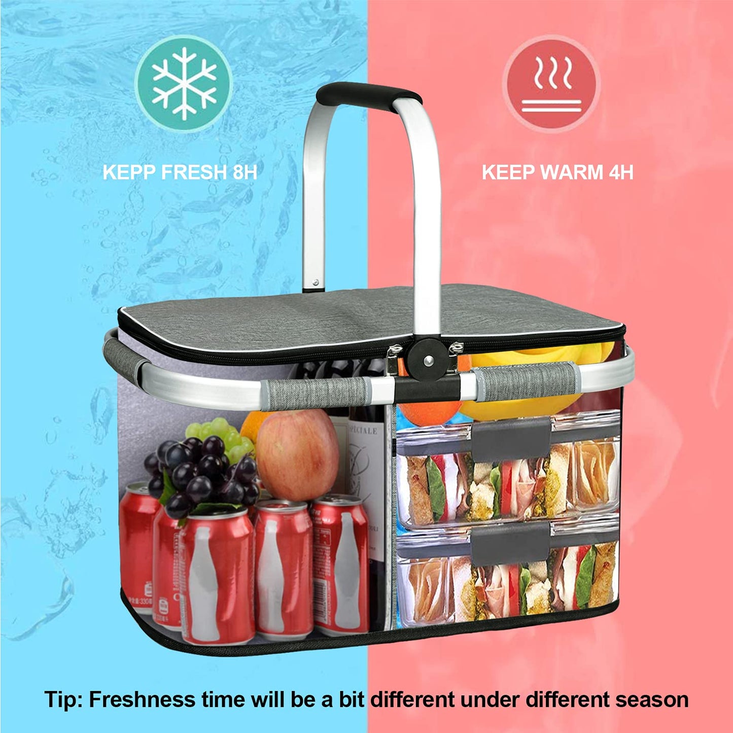 LIQING 35L Large Picnic Basket 2 Layers of Internal Pockets Leak-Proof and Insulated ，Folding with Internal Support for enhansed Stability, Wedding Gifts for Couple(Grey)