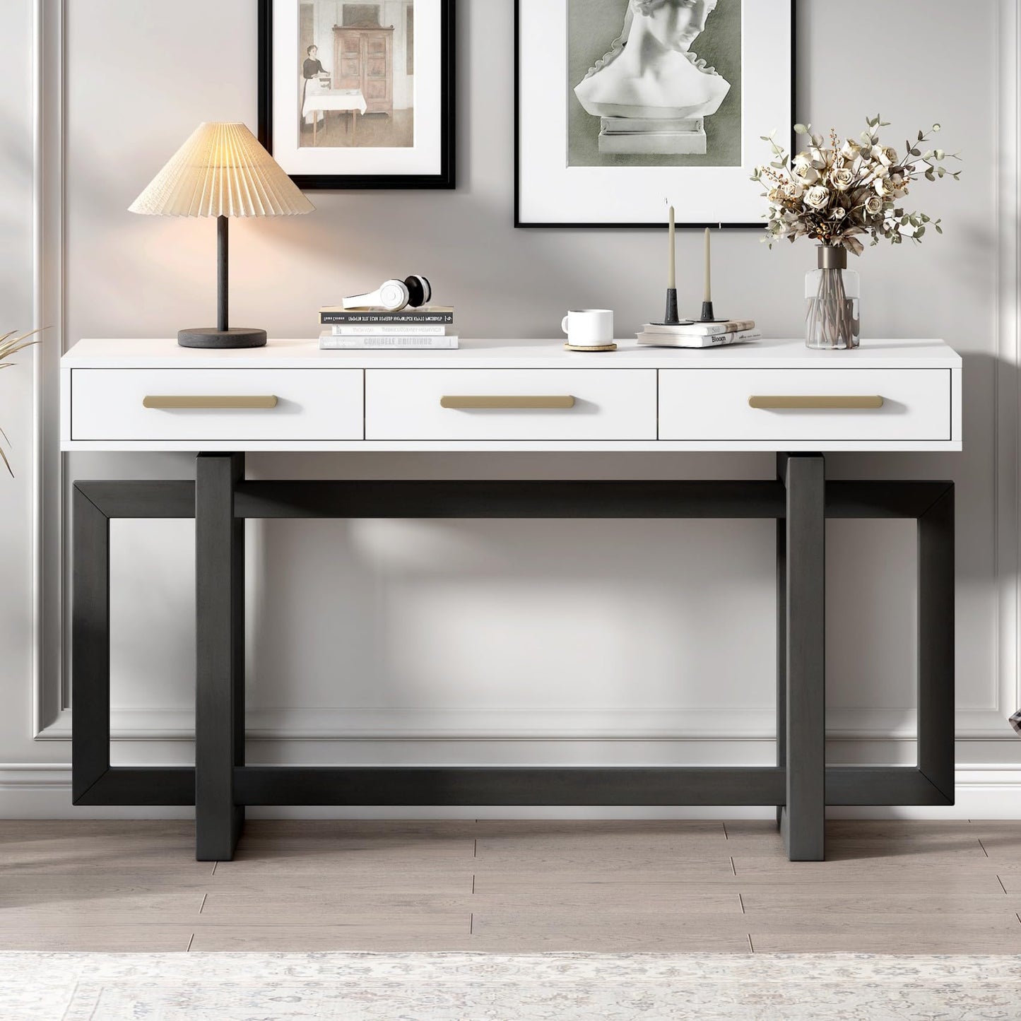 57” Console Sofa Table with 3 Storage Drawers, Modern Long Narrow Behind Couch Furniture for Living Room, Entryway, Foyer, Entrance, Hallway, Front Door, Corridor, Grey and White
