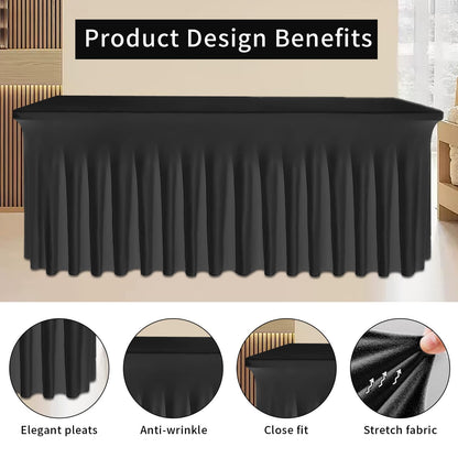Tohetsuzp 2 Pack Black Table Skirt, Wrinkle-Free Spandex Table Covers 6ft, Elastic Fitted Washable Tablecloth for Rectangle Tables for Wedding, Banquet, Party, Events